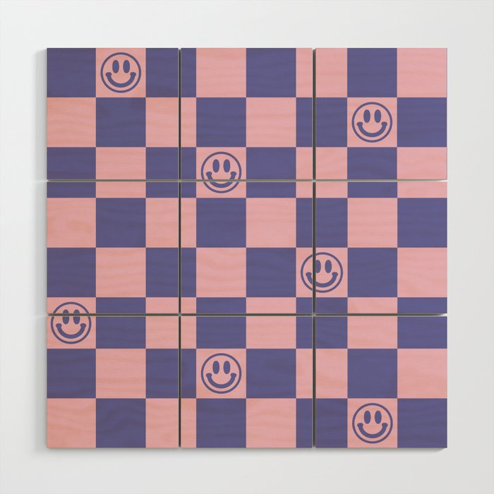 Smileys and Checkerboard (Very Peri And Pink Color Palette) Wood Wall Art