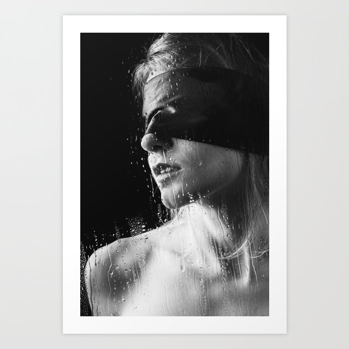 Raindrops - Beautiful Blindfolded woman behind a window Art Print