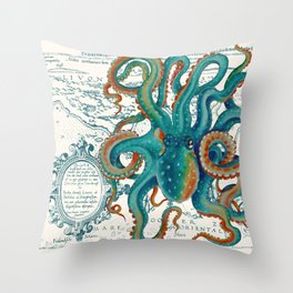 Teal Octopus Vintage Map Watercolor Throw Pillow