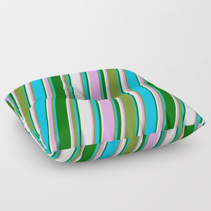 Eye-catching Plum, Green, Deep Sky Blue, Dark Green, and White Colored Lined/Striped Pattern Floor Pillow