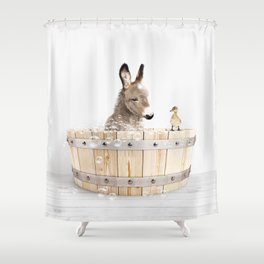 Baby Donkey in a Wooden Bathtub, Donkey Taking a Bath, Bathtub Animal Art Print By Synplus Shower Curtain