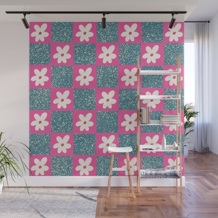 Sprinkle Spring of Daisies - Navy and Hot Pink Wall Mural