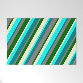 [ Thumbnail: Vibrant Gray, Dark Green, Light Yellow, Aqua, and Teal Colored Lines Pattern Welcome Mat ]