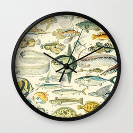 Fish and Eel Vintage Illustration Drawing by Adolphe Millot of Restaurant Underwater Fishing Wall Clock