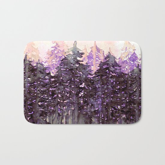 NORTHWEST VIBES Colorful Watercolor Painting Forest Trees Violet Green Modern Nature Art West Coast Bath Mat