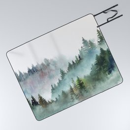 Watercolor Pine Forest Mountains in the Fog Picnic Blanket