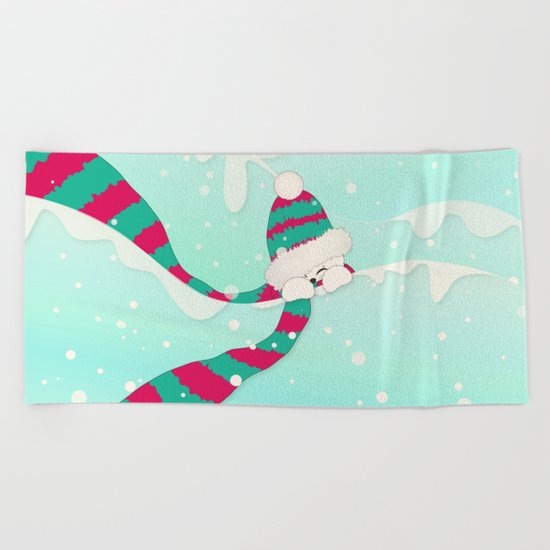 Christmas Peekaboo Snowman I - Mint Blue Snowy Background Beach Towel