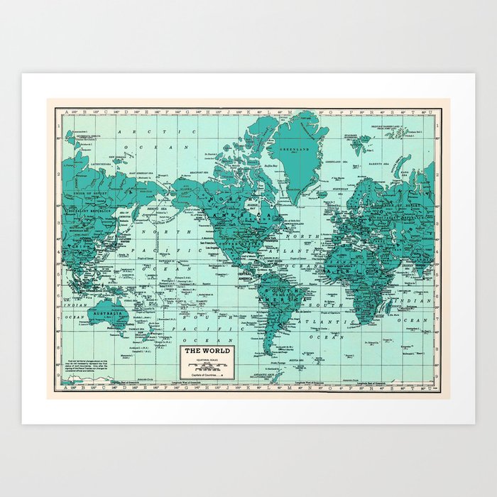 World Map in Teal Art Print