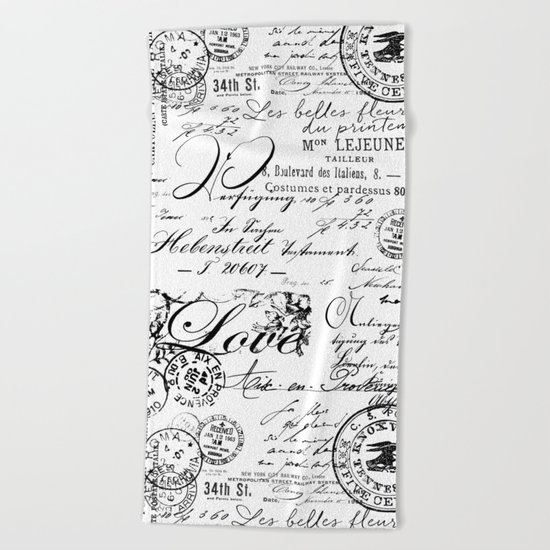 Vintage handwriting black and white Beach Towel