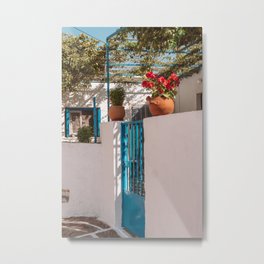Greek Still Live with Flower Pot and Blue Door | Mediterranean Scene on the Cycladic Islands of Greece | Travel and Summer Photography Metal Print