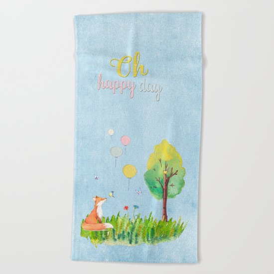 Fox- oh happy day on blue backround- Watercolor illustration Beach Towel