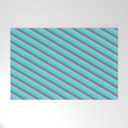 [ Thumbnail: Turquoise, Grey & Sky Blue Colored Striped Pattern Welcome Mat ]