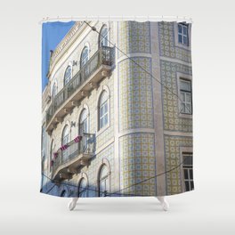 Round corner building in Lisbon, Portugal - green and yellow azulejos - summer street and travel photography Shower Curtain