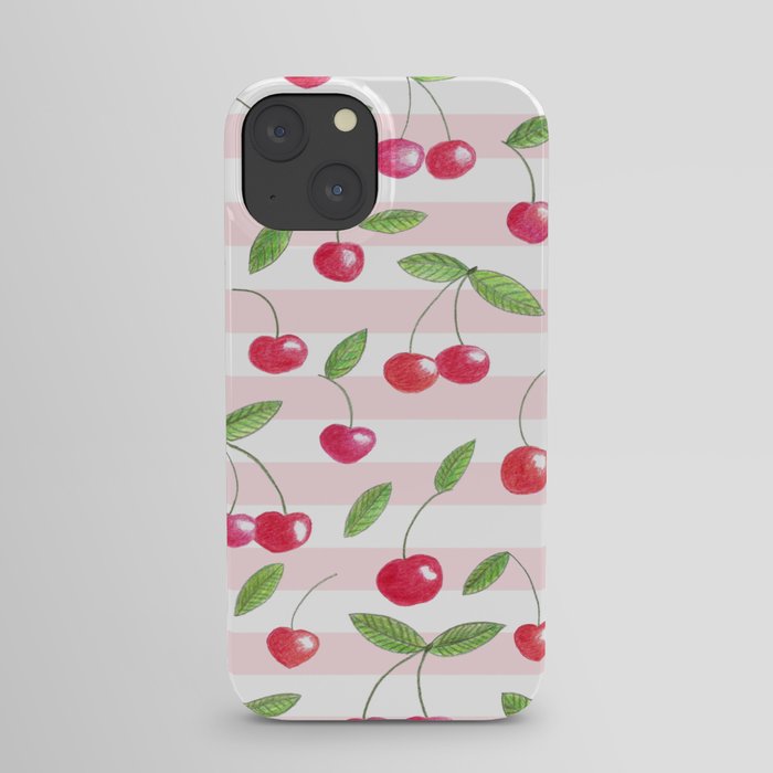 Cherries and pink stripes iPhone Case