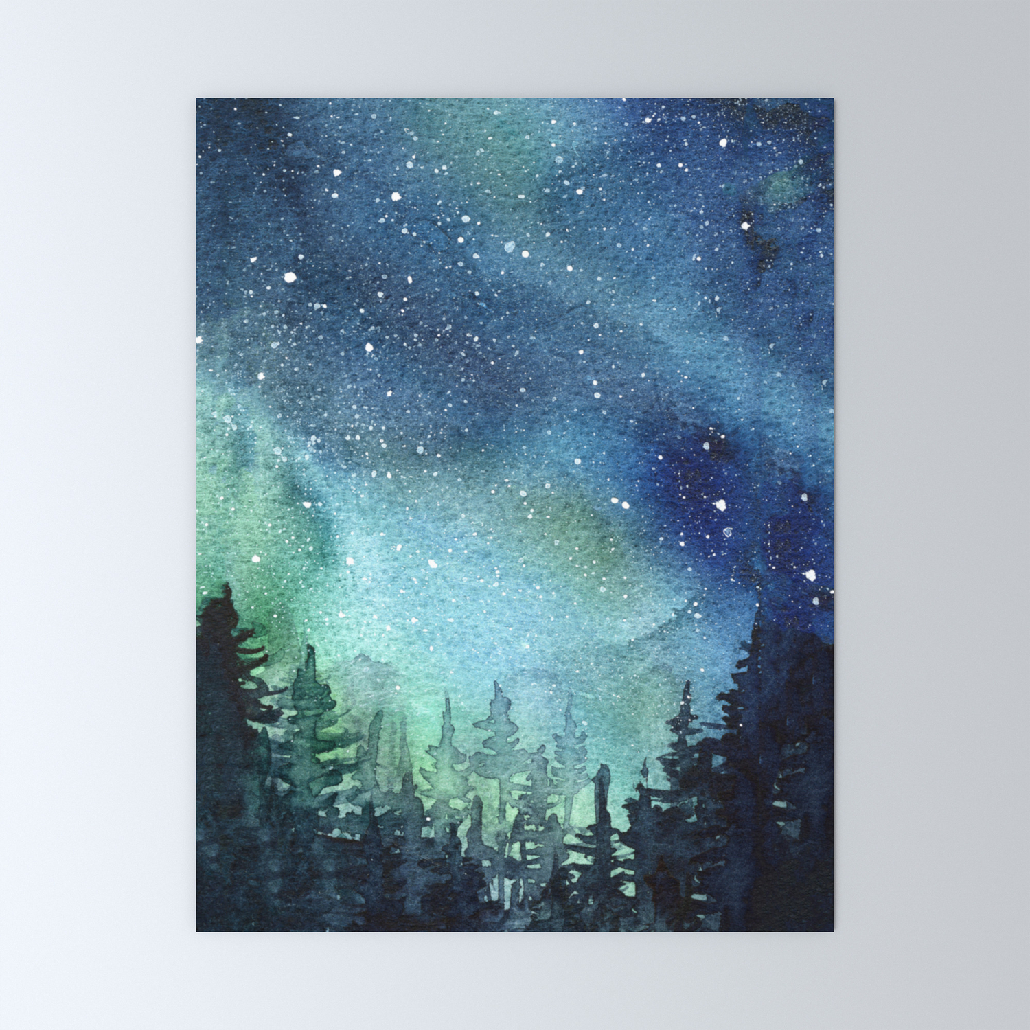 Galaxy Watercolor Aurora Borealis Painting Mini Art Print By
