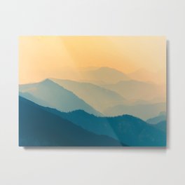 Minimalist Photography Silhouette Mountains Blue Yellow Misty Landscape Metal Print