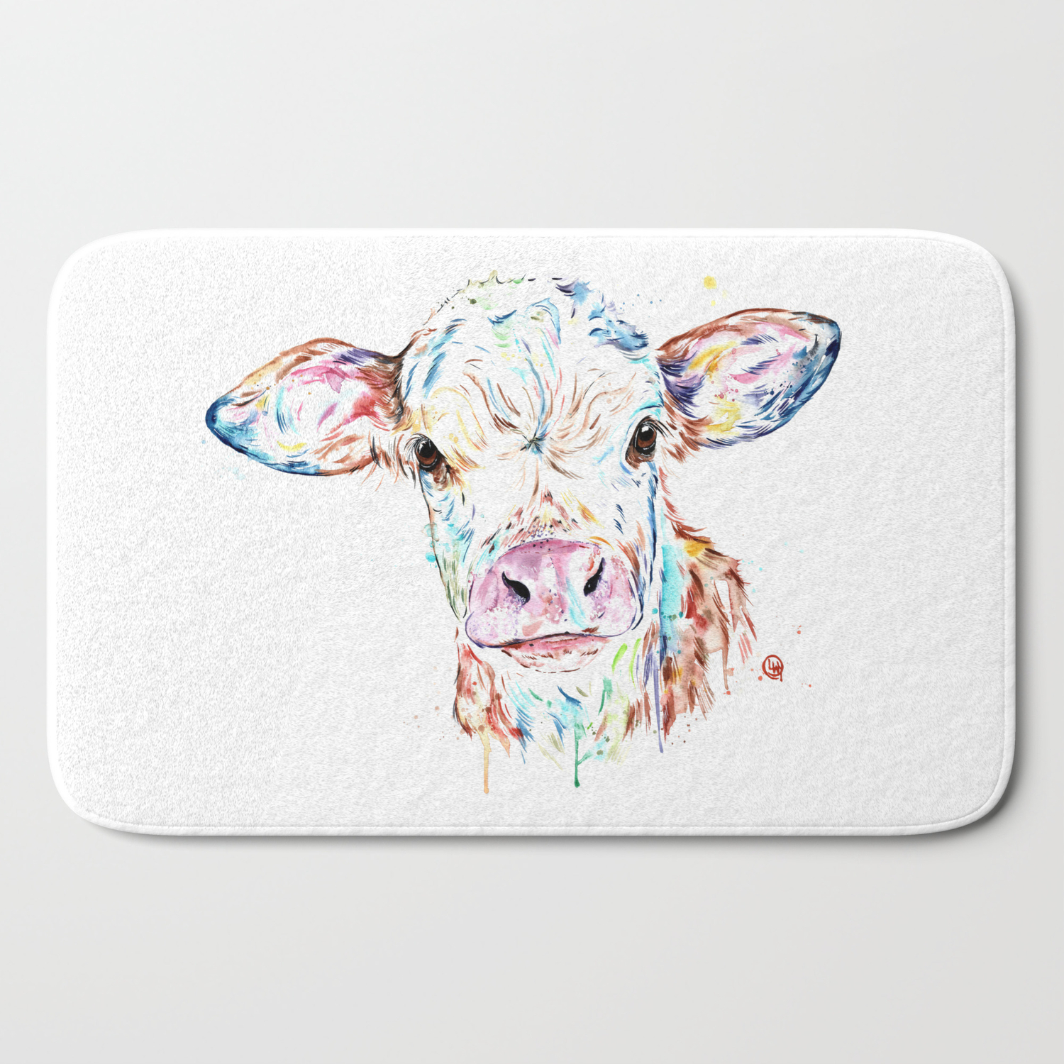 Manitoba Cow Colorful Watercolor Painting Bath Mat By