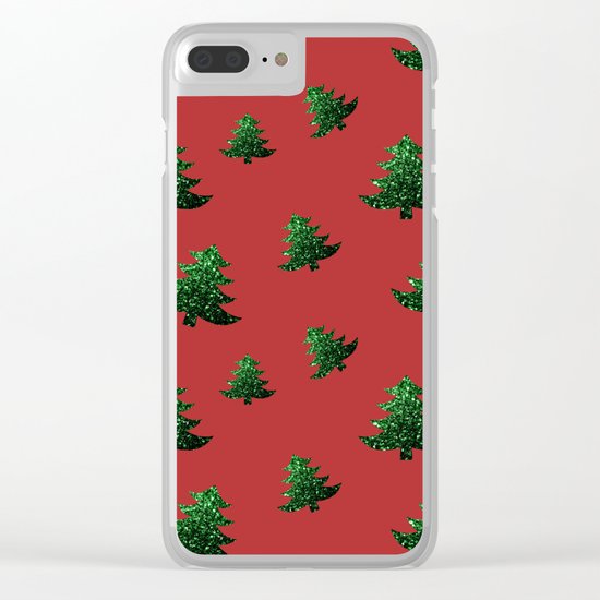 Christmas tree green sparkles pattern on Red Clear iPhone Case