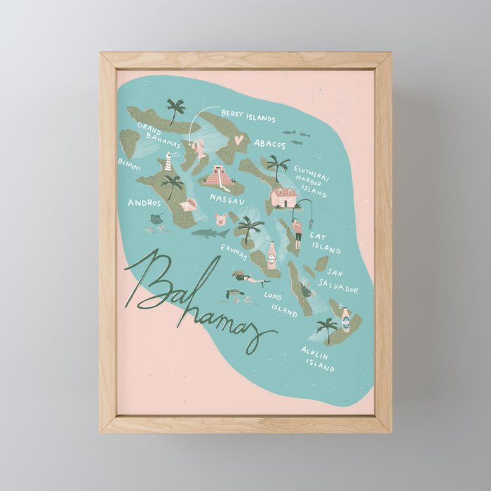 Bahamas Illustrated Map Framed Mini Art Print