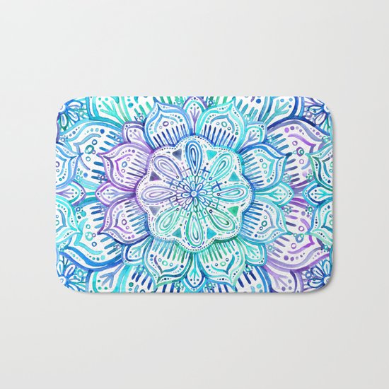 Iridescent Aqua and Purple Watercolor Mandala Bath Mat