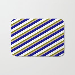 [ Thumbnail: Green, Tan, Dark Blue, and White Colored Stripes/Lines Pattern Bath Mat ]