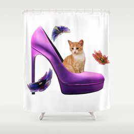 PURPLE HIGH HEELS WITH CAT AND HIBISCUS FLOWERS Shower Curtain