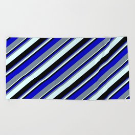 [ Thumbnail: Blue, Light Slate Gray, Light Cyan, and Black Colored Lined/Striped Pattern Beach Towel ]