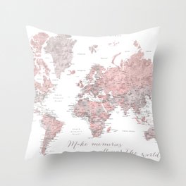 Make memories - Dusty pink and grey watercolor world map, detailed Throw Pillow