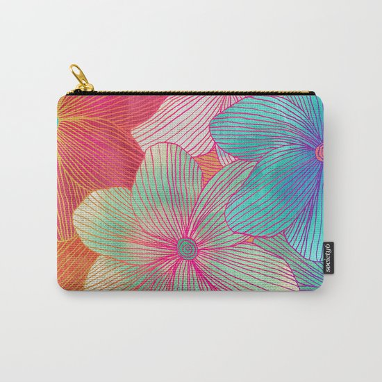 Between the Lines - tropical flowers in pink, orange, blue & mint Carry-All Pouch