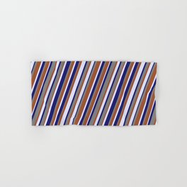 [ Thumbnail: Lavender, Midnight Blue, Gray, and Sienna Colored Lined/Striped Pattern Hand & Bath Towel ]