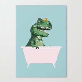 Playful T-Rex in Bathtub in Green Canvas Print