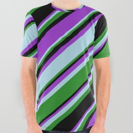 [ Thumbnail: Dark Orchid, Light Blue, Forest Green, and Black Colored Stripes/Lines Pattern All Over Graphic Tee ]
