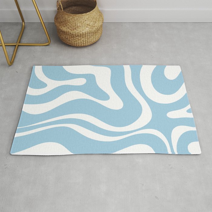 Retro Modern Liquid Swirl Abstract Pattern in Baby Blue and White Rug