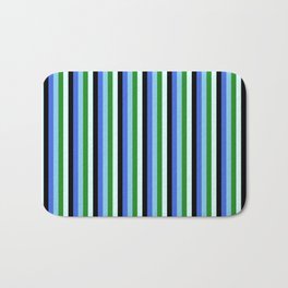 [ Thumbnail: Eyecatching Royal Blue, Sky Blue, Forest Green, Light Cyan, and Black Colored Lines/Stripes Pattern Bath Mat ]