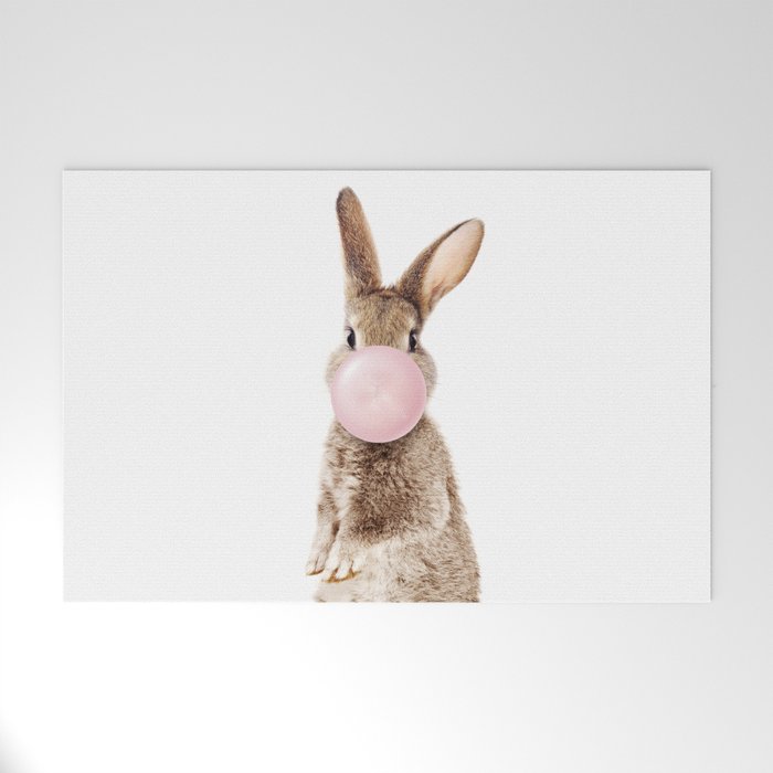 Brown Bunny Blowing Bubble Gum, Pink Nursery, Baby Animals Art Print by Synplus Welcome Mat