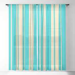 [ Thumbnail: Beige & Dark Turquoise Colored Striped/Lined Pattern Sheer Curtain ]