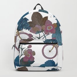 Pattern with bicycle, hands, butterfly and flowers 5 Backpack | Primrose, Graphicdesign, Bicycle, Cute, Leaves, Handdrawn, Travel, Pattern, Flowers, Spring 
