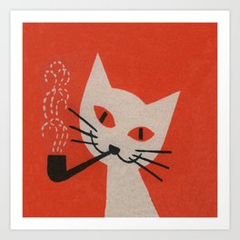 Retro White Cat Smoking a Pipe Art Print