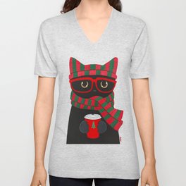 Black Cat Christmas Coffee V Neck T Shirt