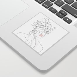 Minimal Line Art Woman with Magnolia Sticker
