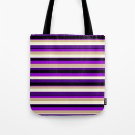 [ Thumbnail: Colorful Black, Dark Violet, Tan, Beige, and Indigo Colored Lined/Striped Pattern Tote Bag ]
