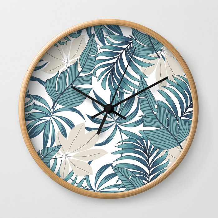 Abstract seamless tropical pattern with bright plants and leaves on a delicate background. Seamless exotic pattern with tropical plants. Beautiful seamless vector floral pattern. Wall Clock
