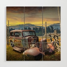 Abandoned Auto with Wood Fence in Western Landscape Wood Wall Art