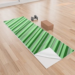 [ Thumbnail: Dark Sea Green, Dark Green & Green Colored Lines/Stripes Pattern Yoga Towel ]