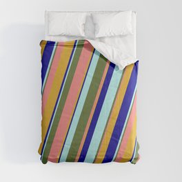 [ Thumbnail: Colorful Dark Olive Green, Light Coral, Goldenrod, Dark Blue, and Turquoise Colored Lined Pattern Comforter ]