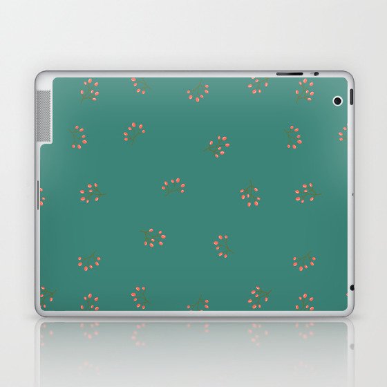 Branches With Red Berries Seamless Pattern on Green Blue Background Laptop & iPad Skin