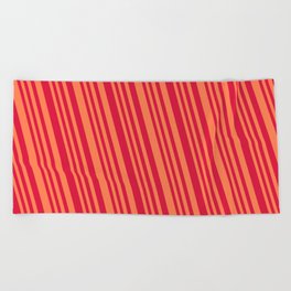 [ Thumbnail: Crimson & Coral Colored Lines/Stripes Pattern Beach Towel ]