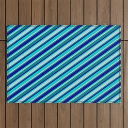 [ Thumbnail: Dark Turquoise, Powder Blue, Teal & Dark Blue Colored Striped/Lined Pattern Outdoor Rug ]