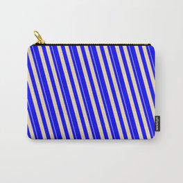 [ Thumbnail: Tan & Blue Colored Stripes/Lines Pattern Carry-All Pouch ]