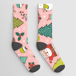 Cute cartoon character, pine trees and christmas elements seamless pattern background.  Socks